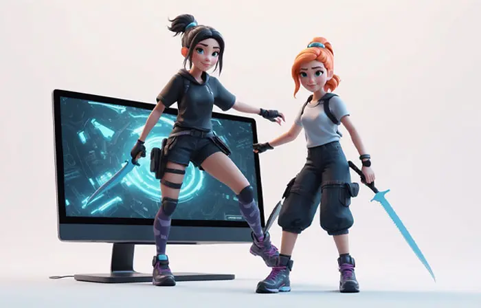 Girls Holding a Gaming Sword to Play the Game 3D Character Design Illustration
